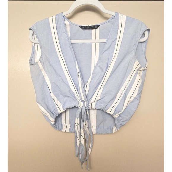 Zara Basic Blue White Striped Tie Top Sleeveless Shirt XS Womens Blouse *Stain - Picture 1 of 13